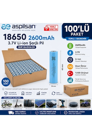 Aspilsan 18650 2600mah 3.7v Li-ion Şarjlı Pil 100'lü Paket Inr18650a28 Lityum İyon Hücre Teknik Servis Ve Toplu Kullanım İçin