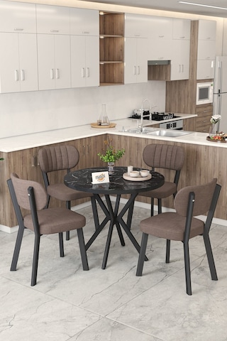 Gnr 90cm Sabit Siyah Mutfak Masası Takımı, Yemek Masası, 4 Modern Kahverengi Sandalye Kahverengi