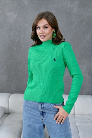 Kadın Dik Yaka Saç Örgü Nakış Detaylı Triko Kazak Yeşil