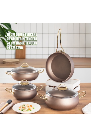 Lines L-5094-2 Yonca Güveç 7 Parça Tencere Seti Bakır Altın Kulp