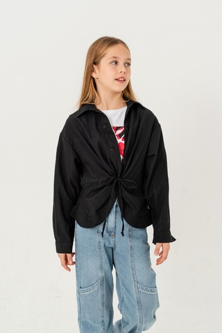 Giyicem Kız Çocuk Önden Bağcıklı Gömlek T-shirt İkili Takım 1801 Siyah