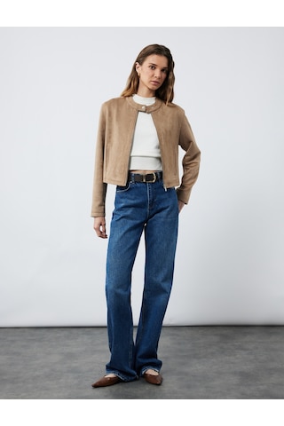 Koton Slim Fit Fermuarlı Cepli Uzun Kollu Dik Yaka Suni Süet Ceket Vizon 6wak20286ew VIZON