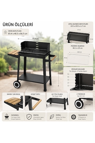 Tekerlekli Kömürlü Barbekü Mangal 83x40,5x86,3 Cm Bambu Yan Masalı, Krom Izgaralı, Bahçe Ve Balkon İçin Siyah