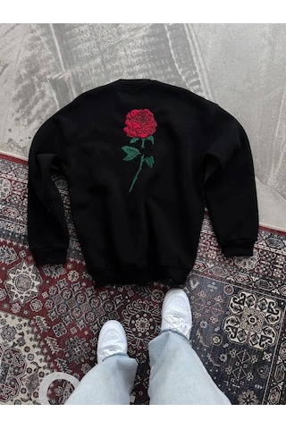 Oversize Üç İplik Bisiklet Yaka Baskılı Sweatshirt - Siyah Siyah