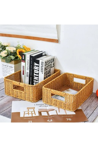 Morponi 3'lü Rattan Dekoratif Rustik Çok Amaçlı Sepet - Organizer Sarı