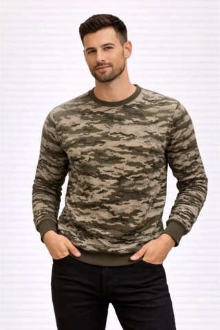 Butik İstanbul Erkek Kamuflaj Desenli 2 İplik 4 Mevsim Uzun Kollu Bisiklet Yaka Sweatshirt - Kamuflaj