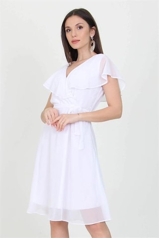Neşeli Butik Kadın Kruvaze Yaka Bağlama Detaylı Yeni Sezon Şifon Elbise Nb8081 Beyaz
