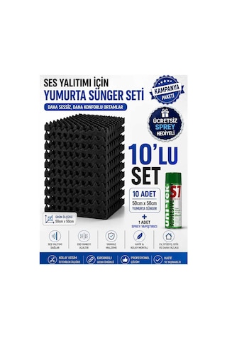 Akustik Yumurta Sünger 25mm 60 Dns Yanmaz 50x50cm 10 Adet + 1 Sprey Yapıştırıcı Bant Marketim