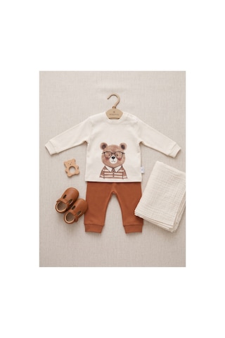Minimal Erkek Bebek Gözlüklü Ayıcık Baskılı Omuzdan Düğmeli Sweatshirt Ve Beli Lastikli Eşofman Alt Üst Takım Kahverengi