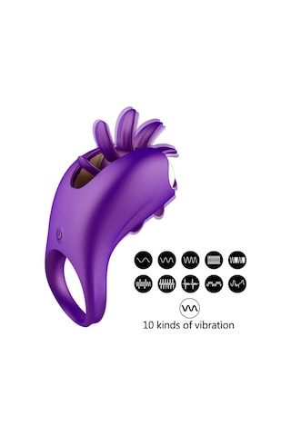 Carmine Titreşimli Dil Simülatörlü Silikon Şarj Edilebilen Su Geçirmez Penis Halkası Siyah