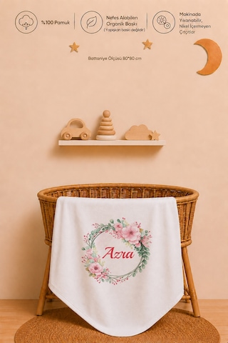Kız Bebek Hediyesi İsme Özel 80x80 Cm Çift Kat Penye Bebek Battaniyesi %100 Pamuk Ham Bez Kıyafet Keseli 1024bk0x Ekru