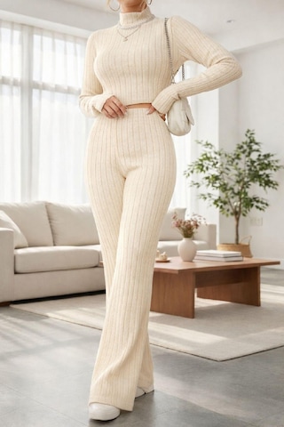 Angbutik Kadın Ekru Çizgili Boğazlı Crop Top Ve Yüksek Bel Eşofman Takımı Spor Şık Kombin