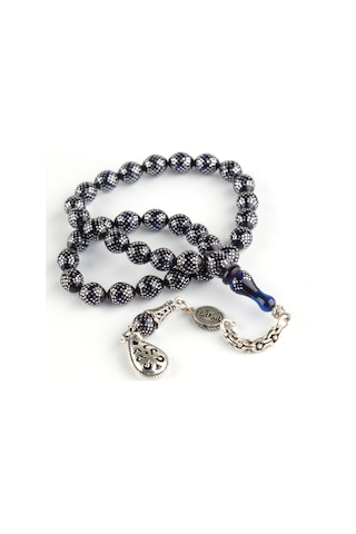 Ateş Kehribar 925ayar Gümüş Çakım Ve Püskül Bilek Boy Beyzi Kesim 7x8.5mm Tesbih Siyah