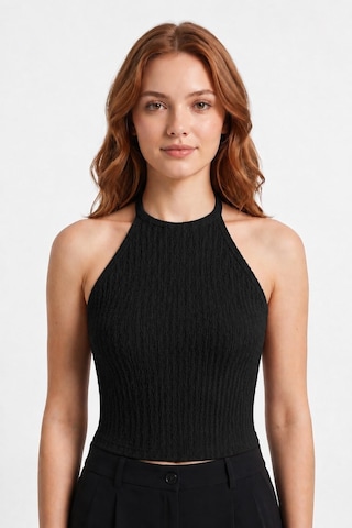 Cottonhıll Premium - Tide Collection Siyah Halter Yaka Boyundan Bağlamalı Bürümcük Dokulu Kadın Crop Bluz