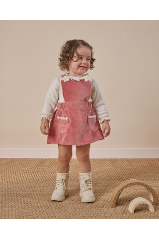 Noble Kids Pudra Papatya Detaylı Kız Bebek Salopet İkili Takım - 9 Ay-3 Yaş Pudra