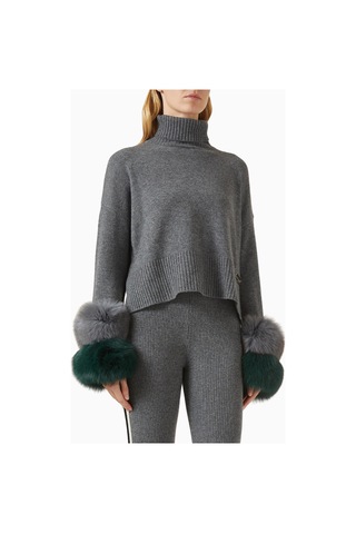 Izaak Azanei Cropped Polo Sweater, Şık Ve Lüks Kadın Yün - Kaşmir Kazak, Kürk Detaylı Gri