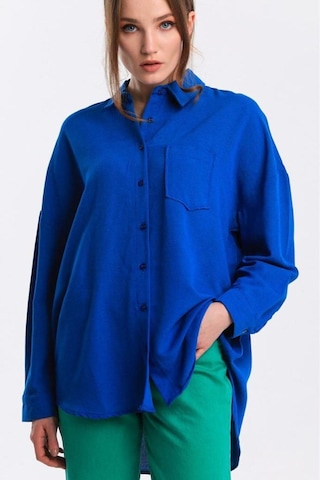 Wellway Bodrum Kumaş Keten Oversize Kadın Gömlek- Mavi Nhn133 Mavi