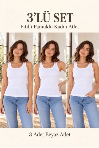 Erdenay Tekstil Fitilli Kalın Askılı Pamuklu Basic Kadın Atlet - Beyaz 3'lü Set Beyaz 3lü