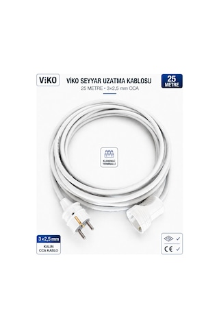 Viko Seyyar Uzatma Kablosu 25 Metre 3x2.5 Mm Cca Kablo Viko Erkek Dişi Fiş Klemensli Terminalli Topraklı Tse Ce Belgeli 25 M
