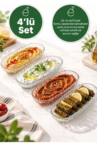 4 Lü Cam Kayık Sunum Tabağı Şeffaf Servis Tabağı Kahvaltılık Meze Çerez Tabak Oval Şık