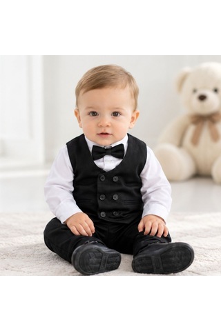 Maxx Kleın Erkek Bebek Siyah Yelekli Takım Elbise Gömlek Papyon Pantolon 6-9-12-18-24 Ay