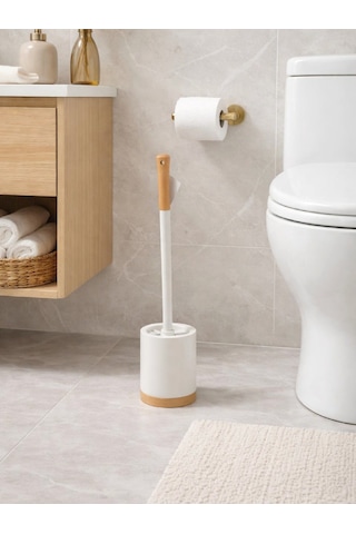 Ahşap Detaylı Silindir Tuvalet Fırçası Ve Standı Modern, Kapalı Hazneli Wc Fırçası Vıchy-7041 Gümüş