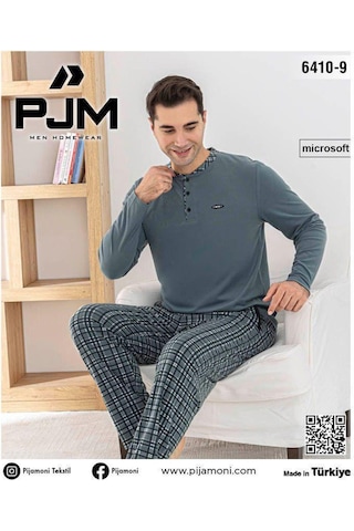 Pijamoni Erkek Düğme Yaka Kışlık Mikrosoft Likralı Pijama Takımı 6410/9 - 1 Adet Gri