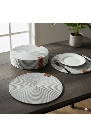 Amerikan Servis Runner 6 Lı Sunum Supla Çeyiz Takımı Örgü Tabak Altı Yanmaz Açık Gri