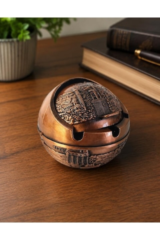 Kapaklı Metal Küllük Açılır Kapanır Dekoratif Masa Üstü Küllük Vintage Bakır 7.5 Cm