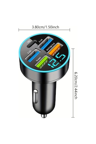 5 Port Usb Süper Hızlı Şarj Akıllı Telefon Şarj Algılama Dijital Ekran Araç Adaptörü Cep Telefonu Şarj Cihazı