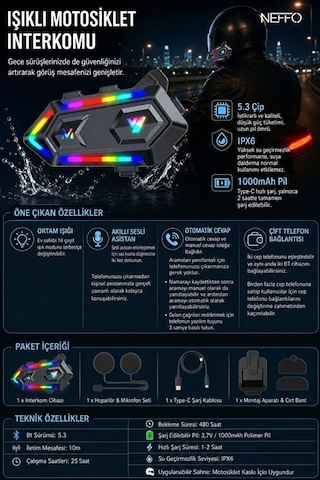 V20 Max 2'li Set 5.3 Bluetooth Motosiklet Kask Kulaklık Intercom Işıklı, Gürültü Engelleme, Uzun Pil