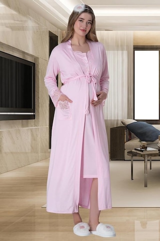 Mecit Pijama Mecit 6005 Kadın Pembe Hamile Lohusa Sabahlıklı Gecelik Takımı 001