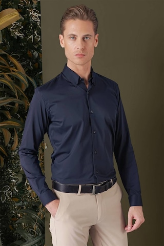 Efor Slim Fit Düğmeli Yaka Esnek Pamuk Klasik Lacivert Gömlek Gk 708 Lacivert