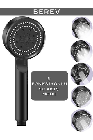 Berev 5 Fonksiyonlu Yüksek Basınçlı Mafsalı 150 CM Hortum Duş Başlığı Seti Siyah