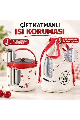 Valkyrie 1200 Ml Yalıtımlı Yemek Termosu Seti Paslanmaz Çelik İç Hazneli Yalıtımlı Taşıma Çantalı Kırmızı