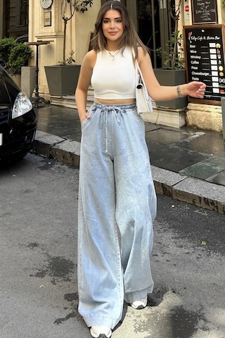 WeShaya Kadın Açık Mavi Beli Lastikli, Bagcıklı, Cepli, Bol Paça, Palazzo Kot Pantolon - Tesettüre Uygun Açık Mavi