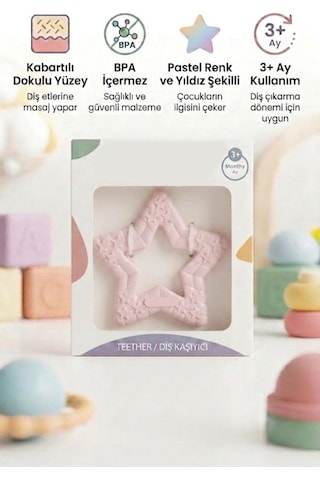 Yıldız Şekilli Esnek Bpa İçermeyen Kabartılı Pastel Renkli Oyuncak Bebek Diş Kaşıyıcısı Pembe