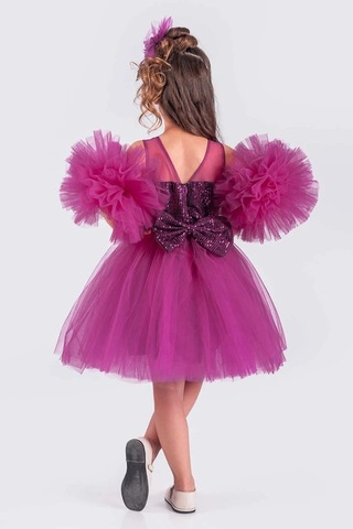 Kız Çocuk Abiye Elbise Ponpon Kol Pul Payetli Tütülü Fuşya