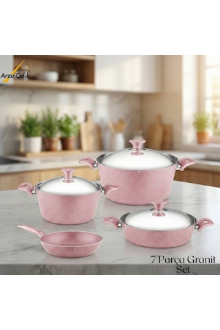 7 Parça Granit Set Çelik Kapak - Pembe Pembe