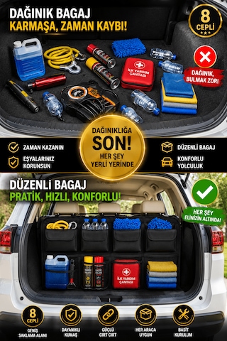 Araç Bagaj Organizeri Oto İç Aksesuar Bagaj Düzenleyici Ayarlanabilir 8 Cepli Fileli Araba Bagaj Çantası Standart