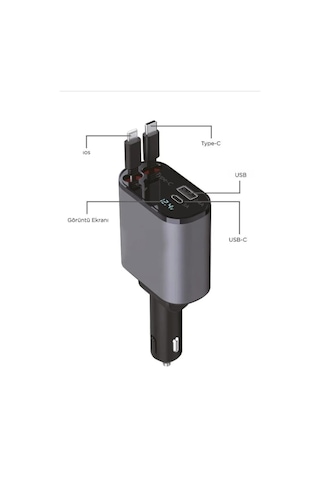 100w Süper Hızlı Araç Şarj Cihazı Çift Type-c & Lightning Kablo, Dijital Göstergeli, 80cm Kablo