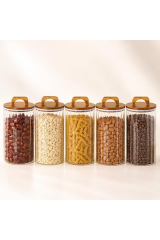 3200 Ml Zahire Kavanozu 5'li Set, Ahşap Kapaklı Kulplu Cam Erzak Saklama Kabı, Büyük Boy Bakliyat Makarna Kahve Kuruyemiş Saklama Kavanozu, Ribbed Cam Mutfak Düzenleyici Kavanoz Seti Çok Renkli