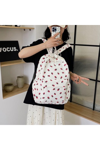 Geeksen Kuruşak Çilek Desenli Geniş Kabinli Çok Cepli Seyahat Sirt Çantasi Pembe Açik, 43x31x14cm Bej