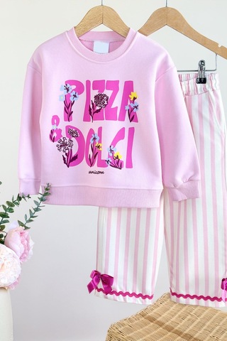 Monila Kız Çocuk Pembe Pizza Yazılı Pamuklu Sweatshirt Ve Pembe Çizgili Kanvas Pantolonlu Alt Üst Takım