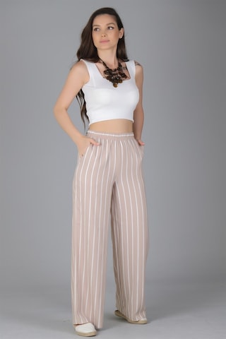 Sweetness Kadın Bej Çizgili Bol Paça Beli Lastikli Pantolon Bej