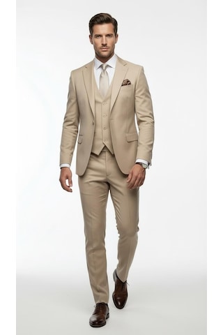 Erkek 3 Parça Slim Fit Takım Elbise Klasik Likralı Kumaş, Tek Düğme, Çift Yırtmaçlı Modern Kesim Ceket Yelek Pantolon Bej