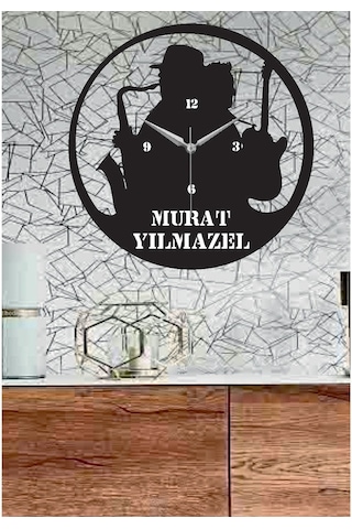 Kişiye Özel Saksafon Temalı Dekoratif Ahşap Duvar Saati Siyah