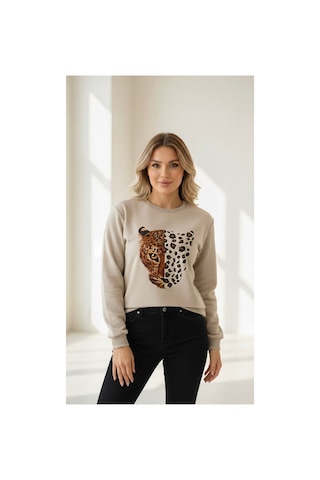 Caddekombin Yarım Yüz Leopar Baskılı Bisiklet Yaka Bej Sweatshirt Bej