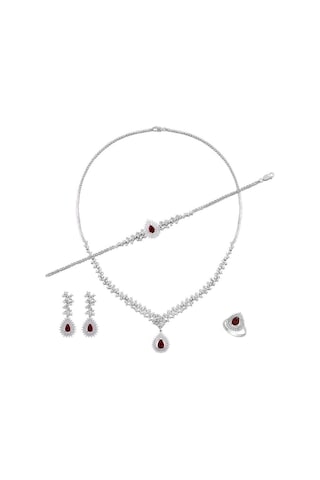 Kadın Gümüş Set - Çise Yakut Taşlı Su Yolu Set • Işıklı Kutuda • Düğün • Nişan • Gelin Seti