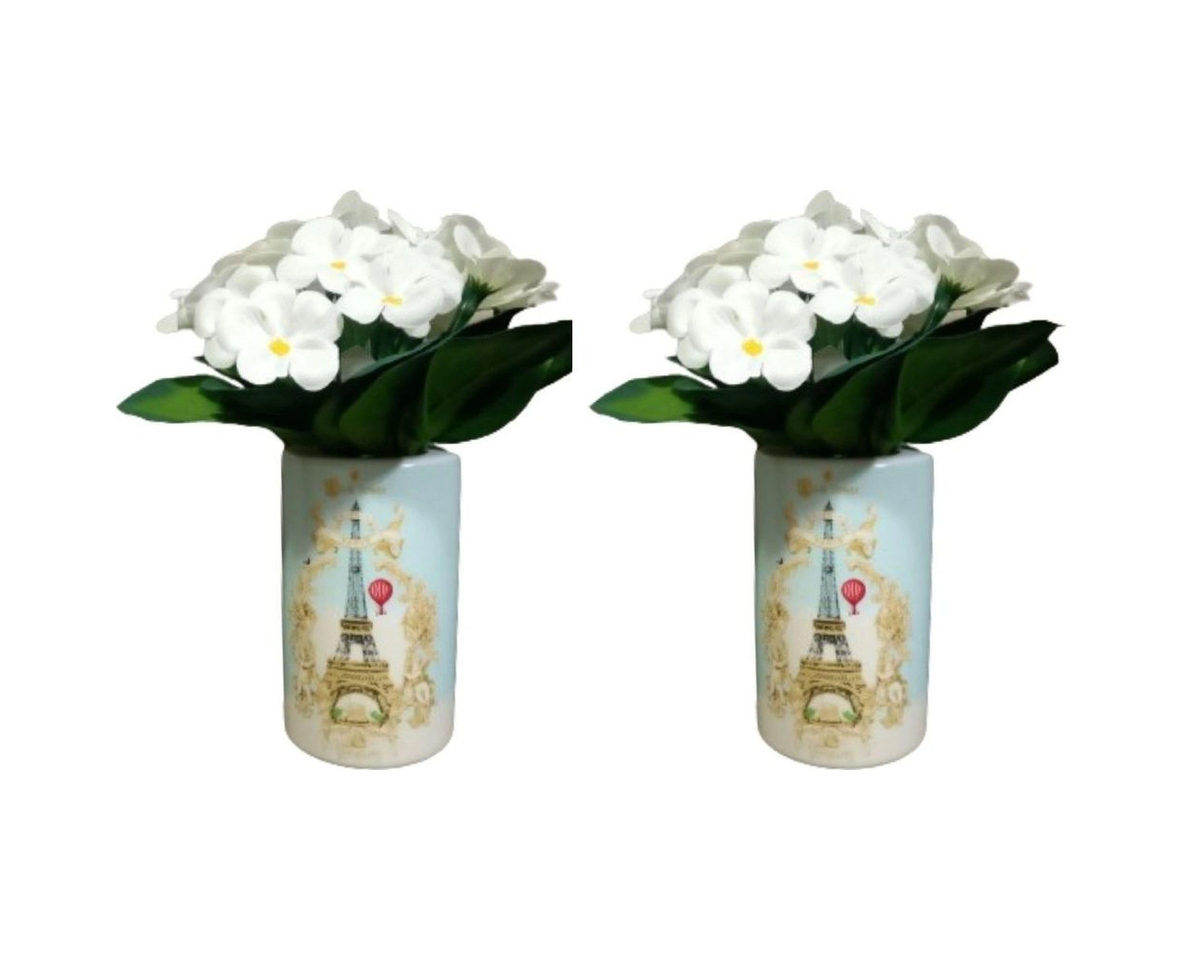 2 Adet Vazo Dahil,vazoda Çiçek,beyaz Yapay Çiçek,vazo Dekoratif Romantik Yeşil Model 7x7x16cm Çok Renkli